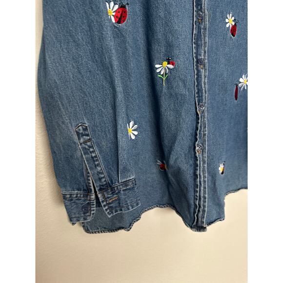 Rare Quacker Factory women's 1x denim button-up shirt embroidered ladybugs - Picture 11 of 12